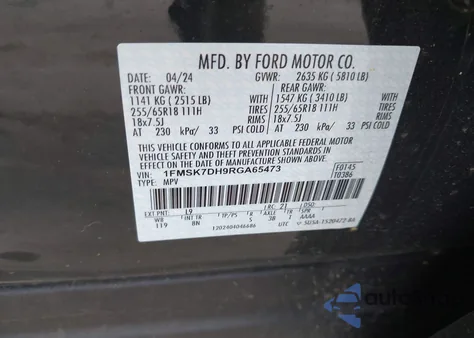 2024 Ford Explorer Xlt from USA, damaged, VIN 1FMSK7DH9RGA65473